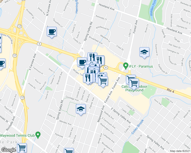 map of restaurants, bars, coffee shops, grocery stores, and more near 1 Bergen Town Center in Paramus