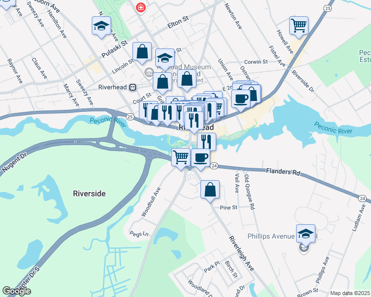 map of restaurants, bars, coffee shops, grocery stores, and more near 89 Peconic Avenue in Riverhead