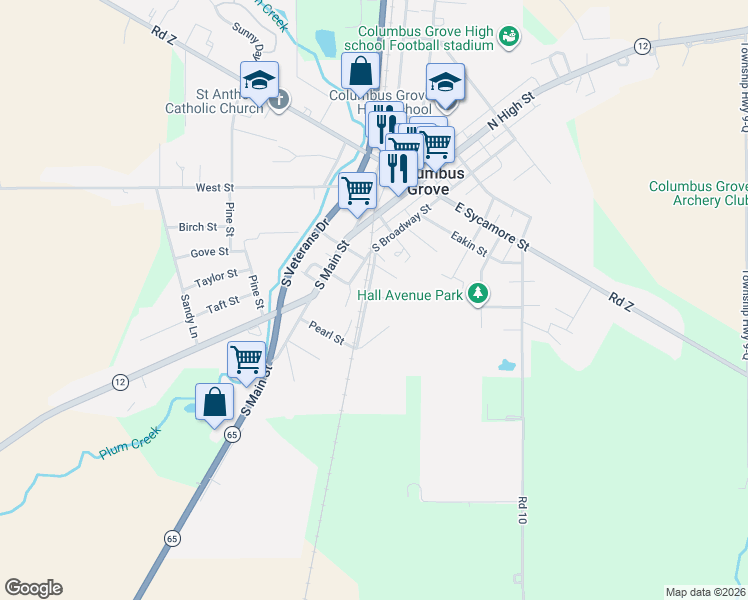 map of restaurants, bars, coffee shops, grocery stores, and more near 102 Gay St in Columbus Grove