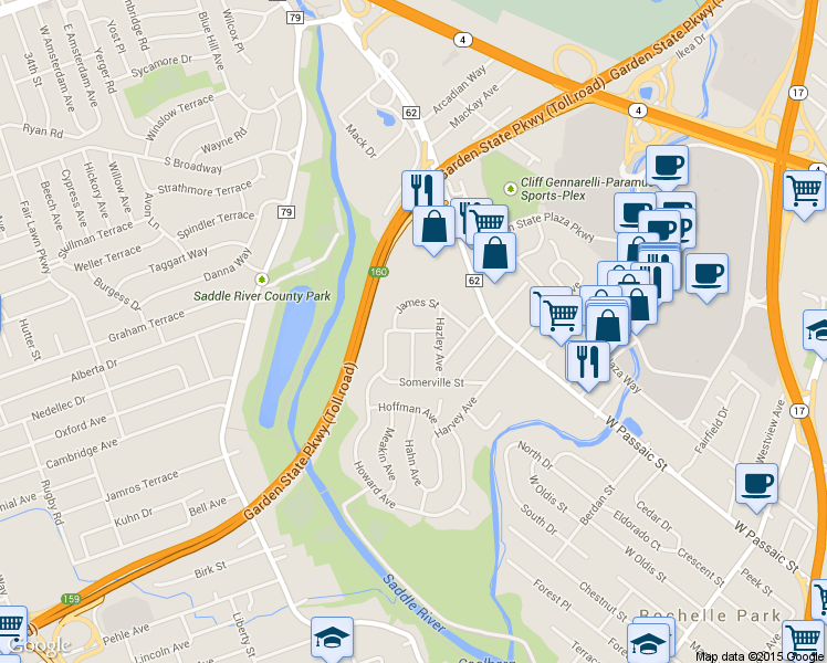 map of restaurants, bars, coffee shops, grocery stores, and more near 106 Whittman St in Rochelle Park