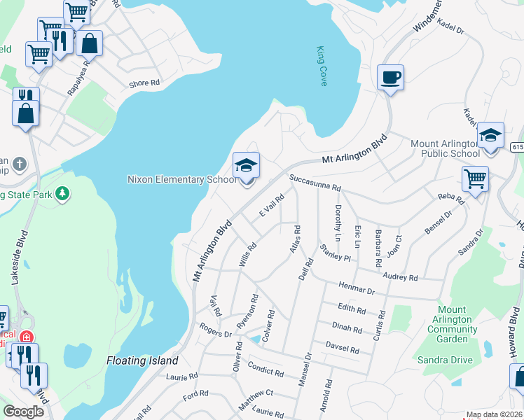 map of restaurants, bars, coffee shops, grocery stores, and more near 609 East Vail Road in Roxbury Township