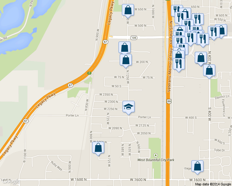 map of restaurants, bars, coffee shops, grocery stores, and more near 680 West 2350 North in West Bountiful
