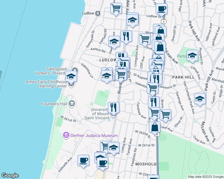 map of restaurants, bars, coffee shops, grocery stores, and more near 19 Abeel Street in Yonkers