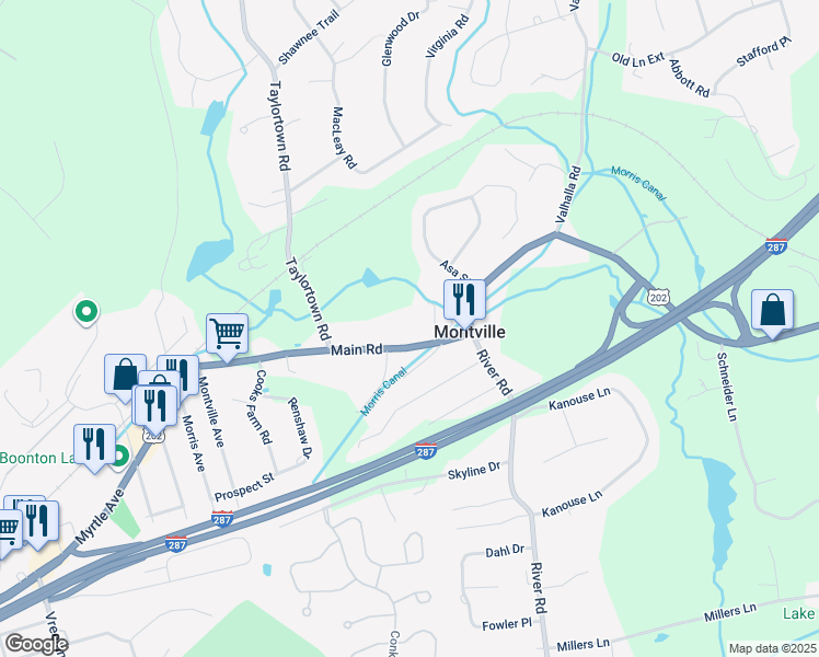 map of restaurants, bars, coffee shops, grocery stores, and more near 142 Main Road in Montville