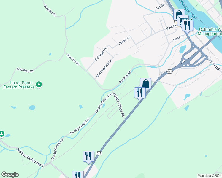 map of restaurants, bars, coffee shops, grocery stores, and more near 800 Boulder Drive in Mount Bethel