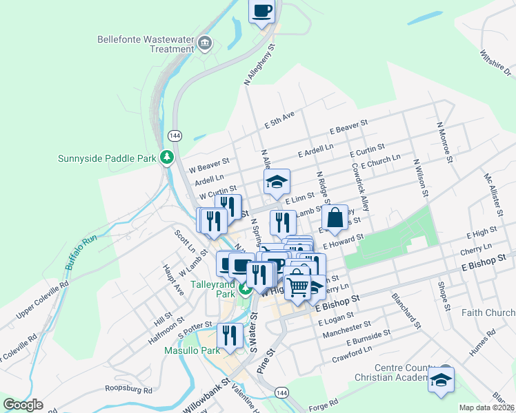 map of restaurants, bars, coffee shops, grocery stores, and more near 145 West Linn Street in Bellefonte