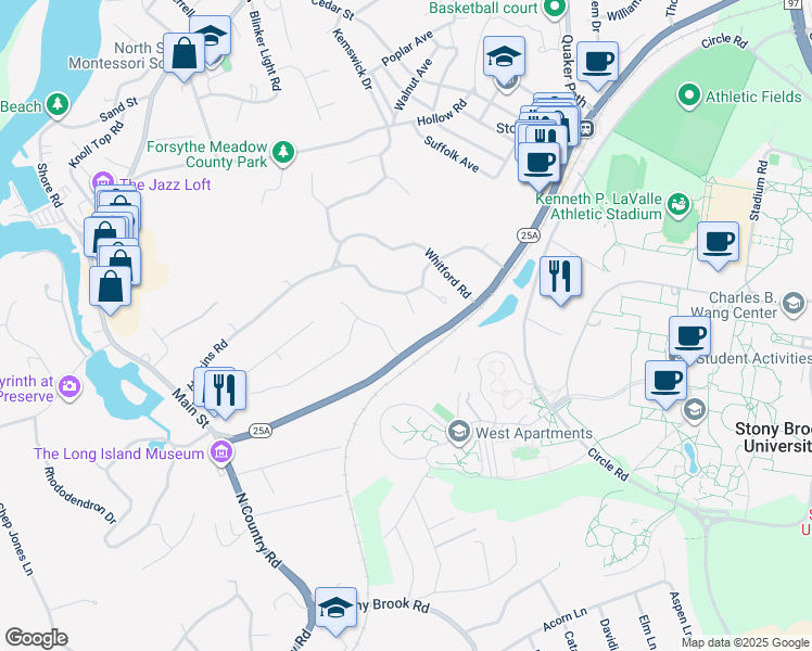 map of restaurants, bars, coffee shops, grocery stores, and more near 5 Beacon Hill Drive in Stony Brook