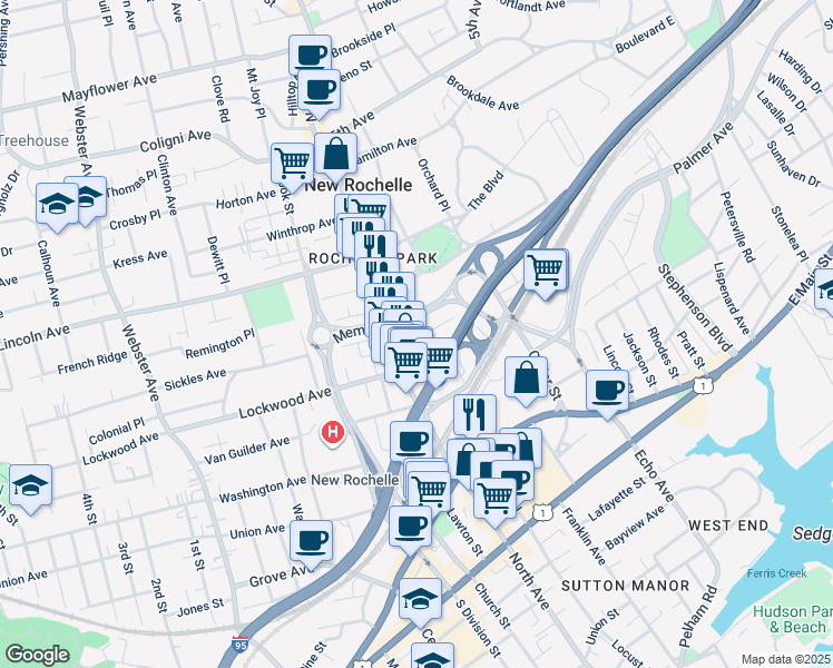 map of restaurants, bars, coffee shops, grocery stores, and more near 29 Park Place in New Rochelle