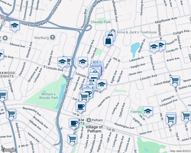 map of restaurants, bars, coffee shops, grocery stores, and more near 306a Fifth Avenue in Village of Pelham