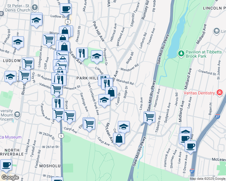 map of restaurants, bars, coffee shops, grocery stores, and more near in Yonkers