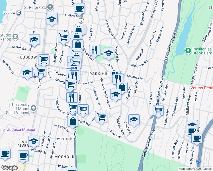 map of restaurants, bars, coffee shops, grocery stores, and more near 508 Van Cortlandt Park Avenue in Yonkers