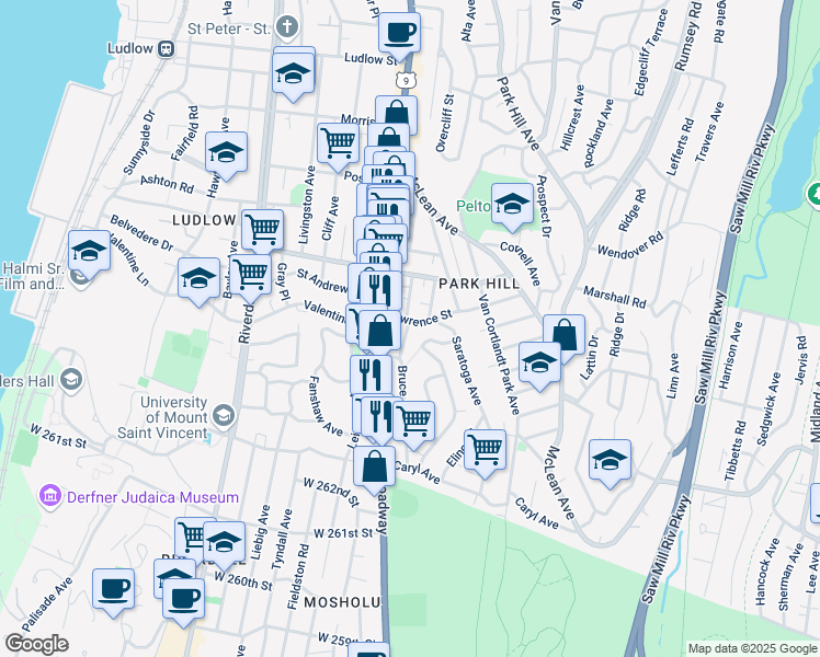 map of restaurants, bars, coffee shops, grocery stores, and more near 59 Bruce Avenue in Yonkers