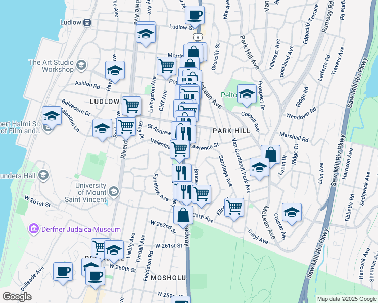 map of restaurants, bars, coffee shops, grocery stores, and more near 59 Bruce Avenue in Yonkers