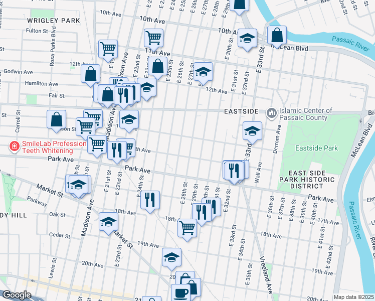 map of restaurants, bars, coffee shops, grocery stores, and more near 643 East 27th Street in Paterson