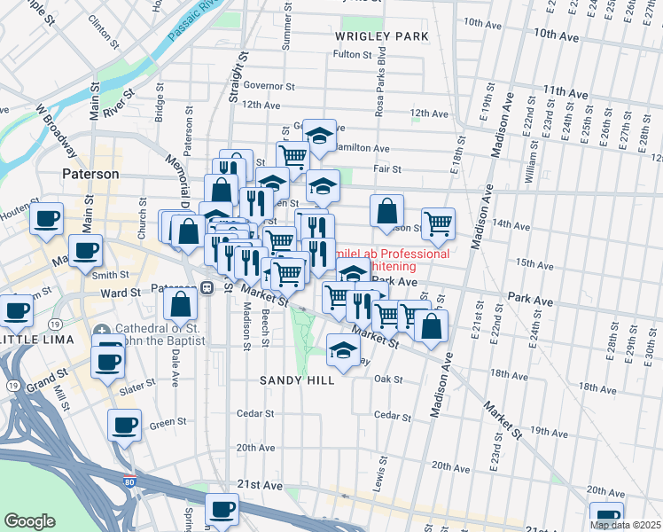 map of restaurants, bars, coffee shops, grocery stores, and more near in Paterson