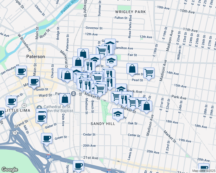 map of restaurants, bars, coffee shops, grocery stores, and more near 115 Park Avenue in Paterson