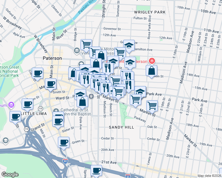 map of restaurants, bars, coffee shops, grocery stores, and more near 51/57 Park Avenue in Paterson