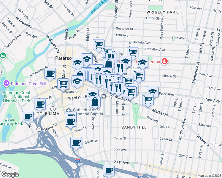 map of restaurants, bars, coffee shops, grocery stores, and more near 21 Park Avenue in Paterson