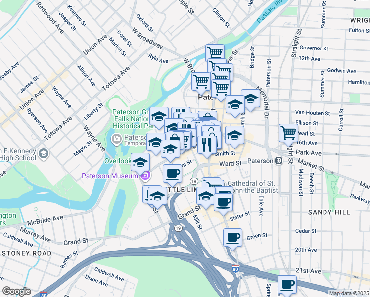 map of restaurants, bars, coffee shops, grocery stores, and more near 74 Market Street in Paterson