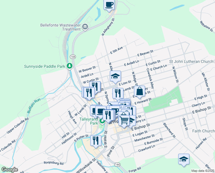 map of restaurants, bars, coffee shops, grocery stores, and more near 135 West Linn Street in Bellefonte