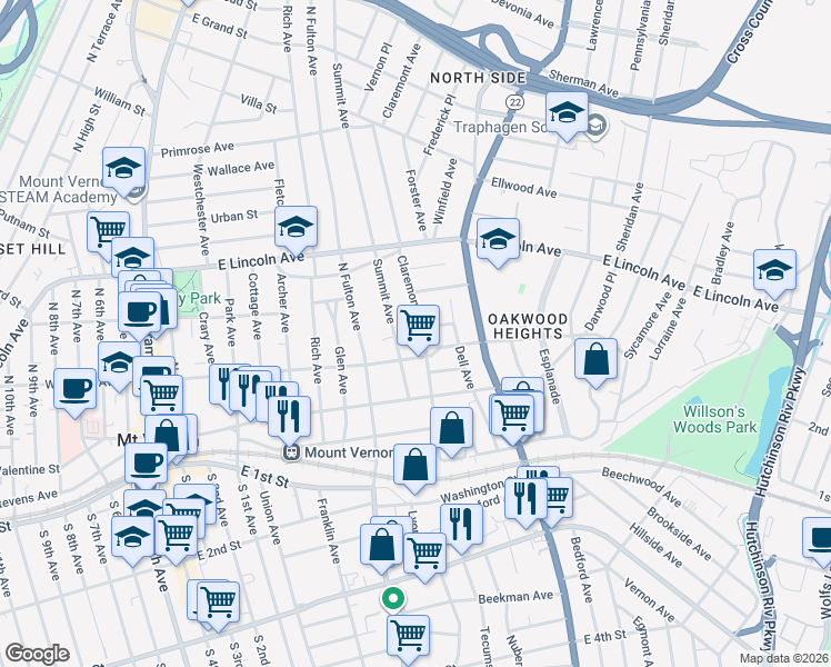 map of restaurants, bars, coffee shops, grocery stores, and more near 112 Claremont Avenue in Mount Vernon