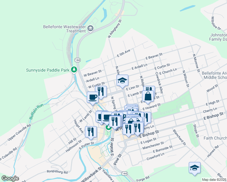 map of restaurants, bars, coffee shops, grocery stores, and more near 137 West Linn Street in Bellefonte