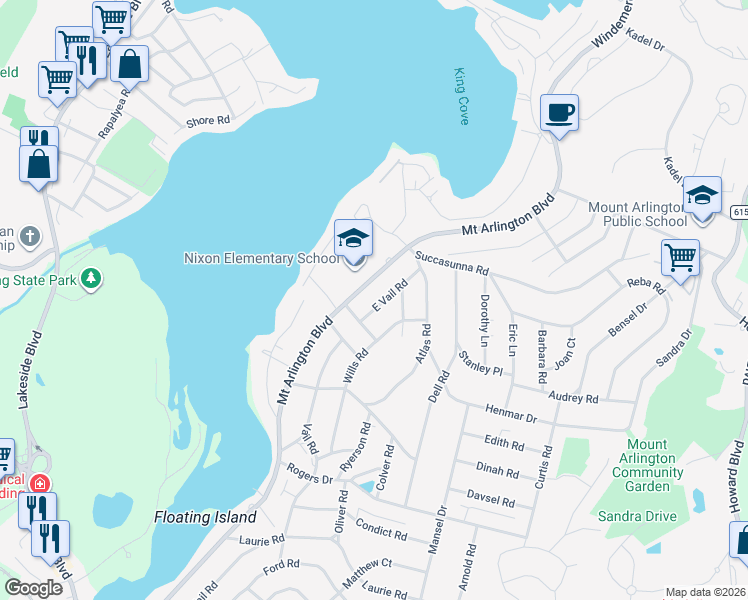map of restaurants, bars, coffee shops, grocery stores, and more near 609 East Vail Road in Roxbury Township
