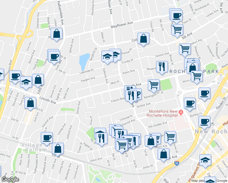 map of restaurants, bars, coffee shops, grocery stores, and more near 246 Lincoln Avenue in New Rochelle