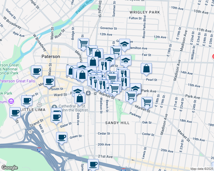 map of restaurants, bars, coffee shops, grocery stores, and more near 51-57 Park Avenue in Paterson