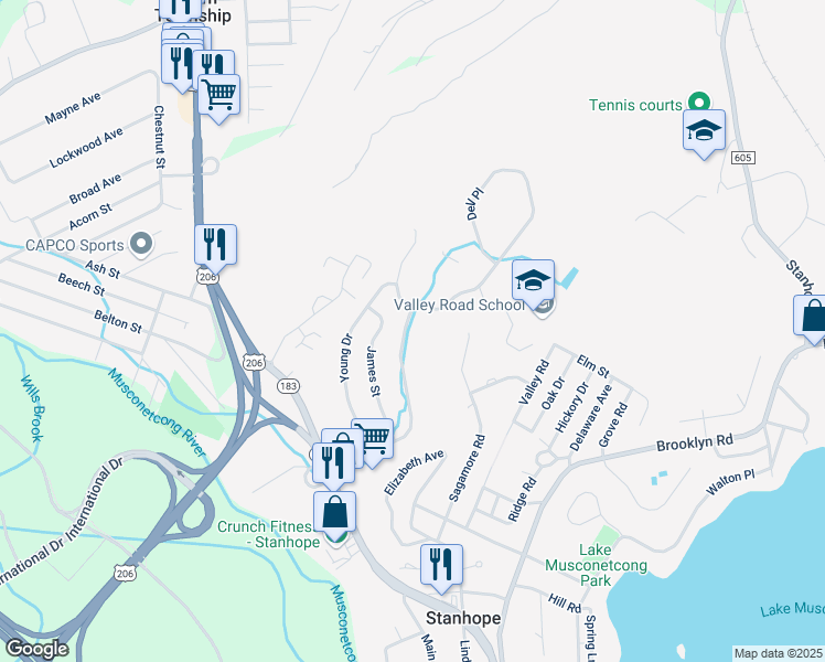map of restaurants, bars, coffee shops, grocery stores, and more near 39 Dell Road in Stanhope