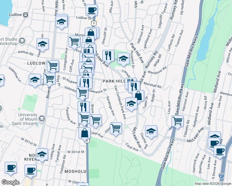map of restaurants, bars, coffee shops, grocery stores, and more near 497 Van Cortlandt Park Avenue in Yonkers