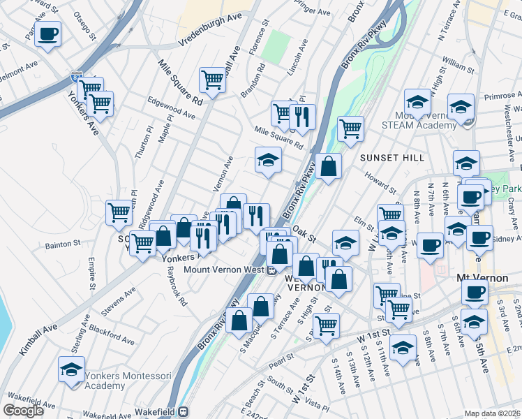 map of restaurants, bars, coffee shops, grocery stores, and more near 17 Crescent Place in Yonkers