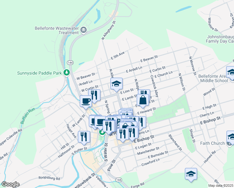 map of restaurants, bars, coffee shops, grocery stores, and more near 100 West Linn Street in Bellefonte