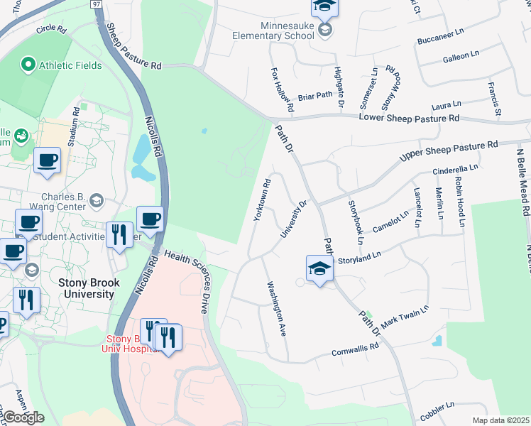 map of restaurants, bars, coffee shops, grocery stores, and more near 25 Yorktown Road in Setauket- East Setauket