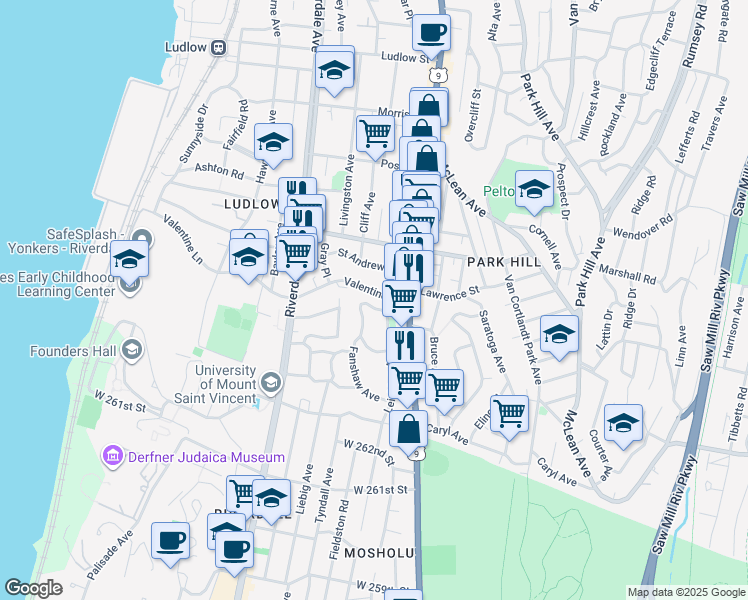 map of restaurants, bars, coffee shops, grocery stores, and more near 15 Berkeley Avenue in Yonkers