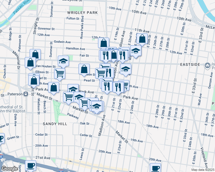 map of restaurants, bars, coffee shops, grocery stores, and more near 262 16th Avenue in Paterson