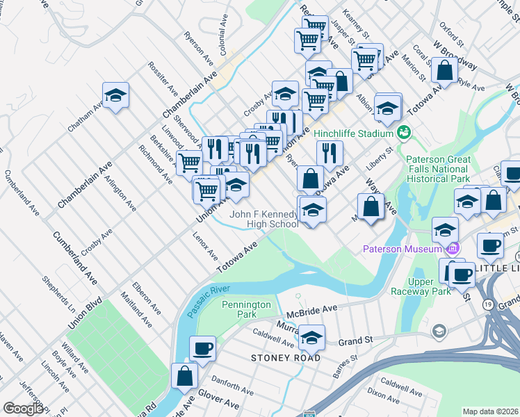 map of restaurants, bars, coffee shops, grocery stores, and more near 35A Sherwood Avenue in Haledon