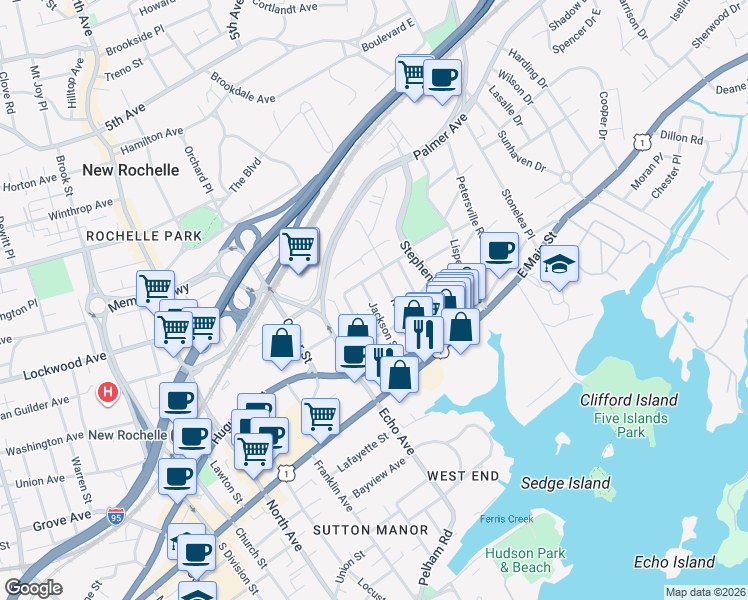 map of restaurants, bars, coffee shops, grocery stores, and more near 52 Jackson Street in New Rochelle