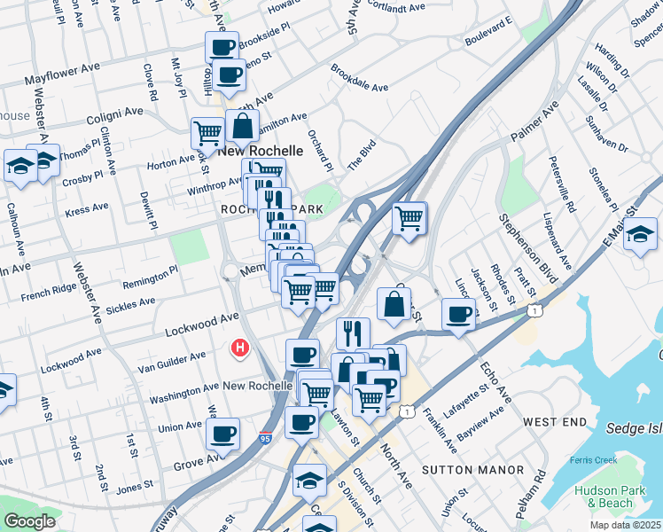 map of restaurants, bars, coffee shops, grocery stores, and more near 29 Park Place in New Rochelle