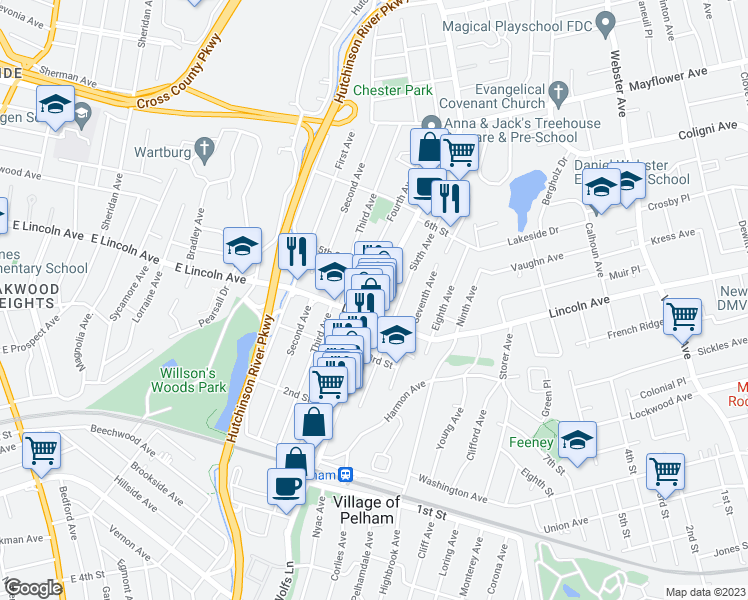 map of restaurants, bars, coffee shops, grocery stores, and more near 306a Fifth Avenue in Village of Pelham