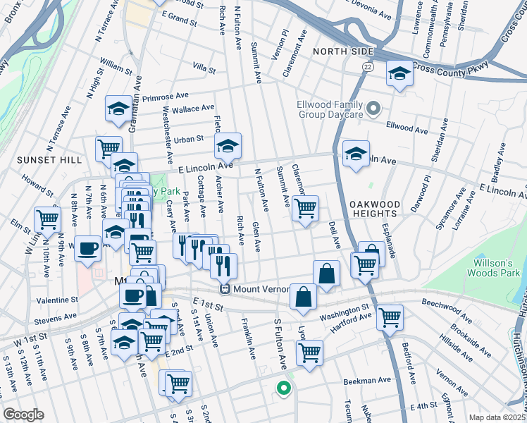 map of restaurants, bars, coffee shops, grocery stores, and more near 117 Glen Avenue in Mount Vernon