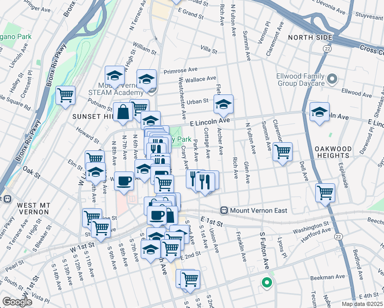 map of restaurants, bars, coffee shops, grocery stores, and more near 126 Park Avenue in Mount Vernon