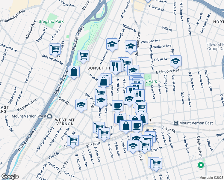 map of restaurants, bars, coffee shops, grocery stores, and more near 136 North 7th Avenue in Mount Vernon