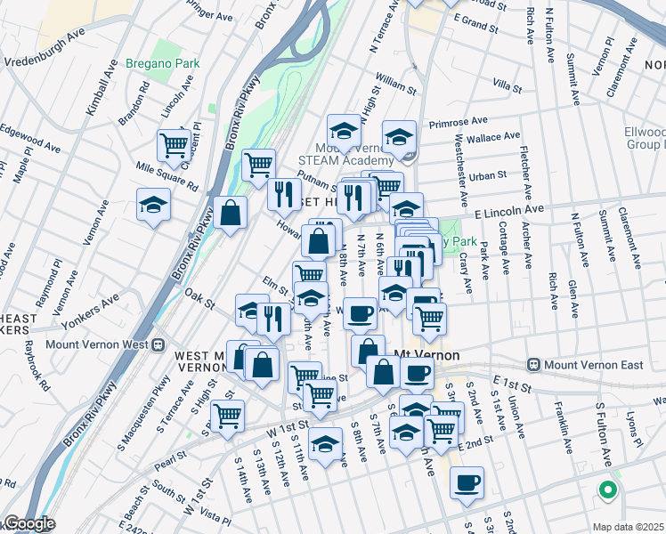 map of restaurants, bars, coffee shops, grocery stores, and more near 136 North 9th Avenue in Mount Vernon