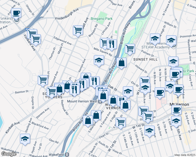 map of restaurants, bars, coffee shops, grocery stores, and more near 15 Crescent Place in Yonkers