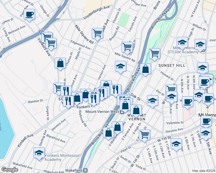 map of restaurants, bars, coffee shops, grocery stores, and more near 23 Vernon Place in Yonkers