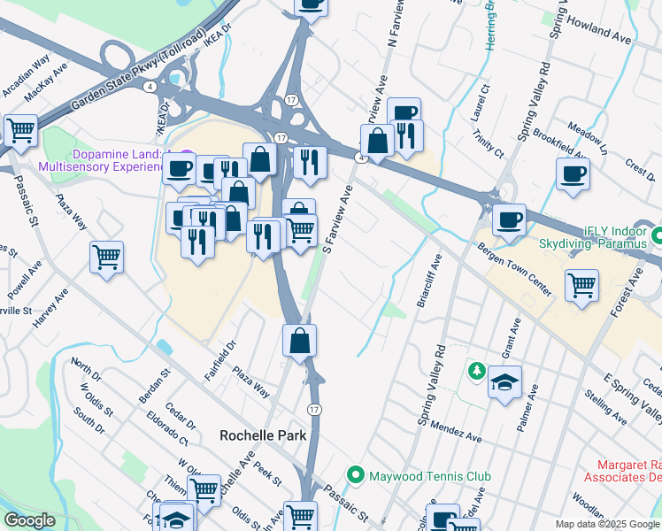 map of restaurants, bars, coffee shops, grocery stores, and more near 26 Knox Place in Paramus
