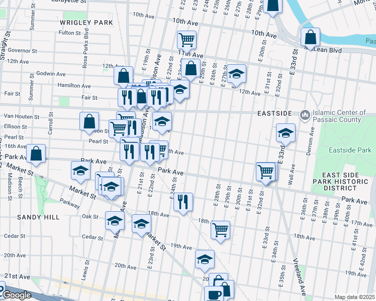 map of restaurants, bars, coffee shops, grocery stores, and more near 360 15th Avenue in Paterson