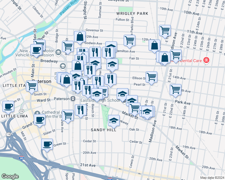 map of restaurants, bars, coffee shops, grocery stores, and more near in Paterson