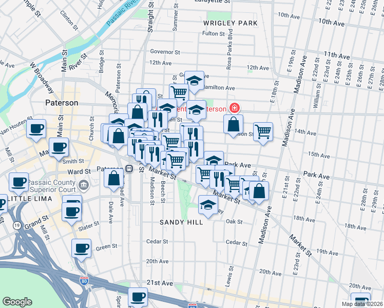 map of restaurants, bars, coffee shops, grocery stores, and more near in Paterson
